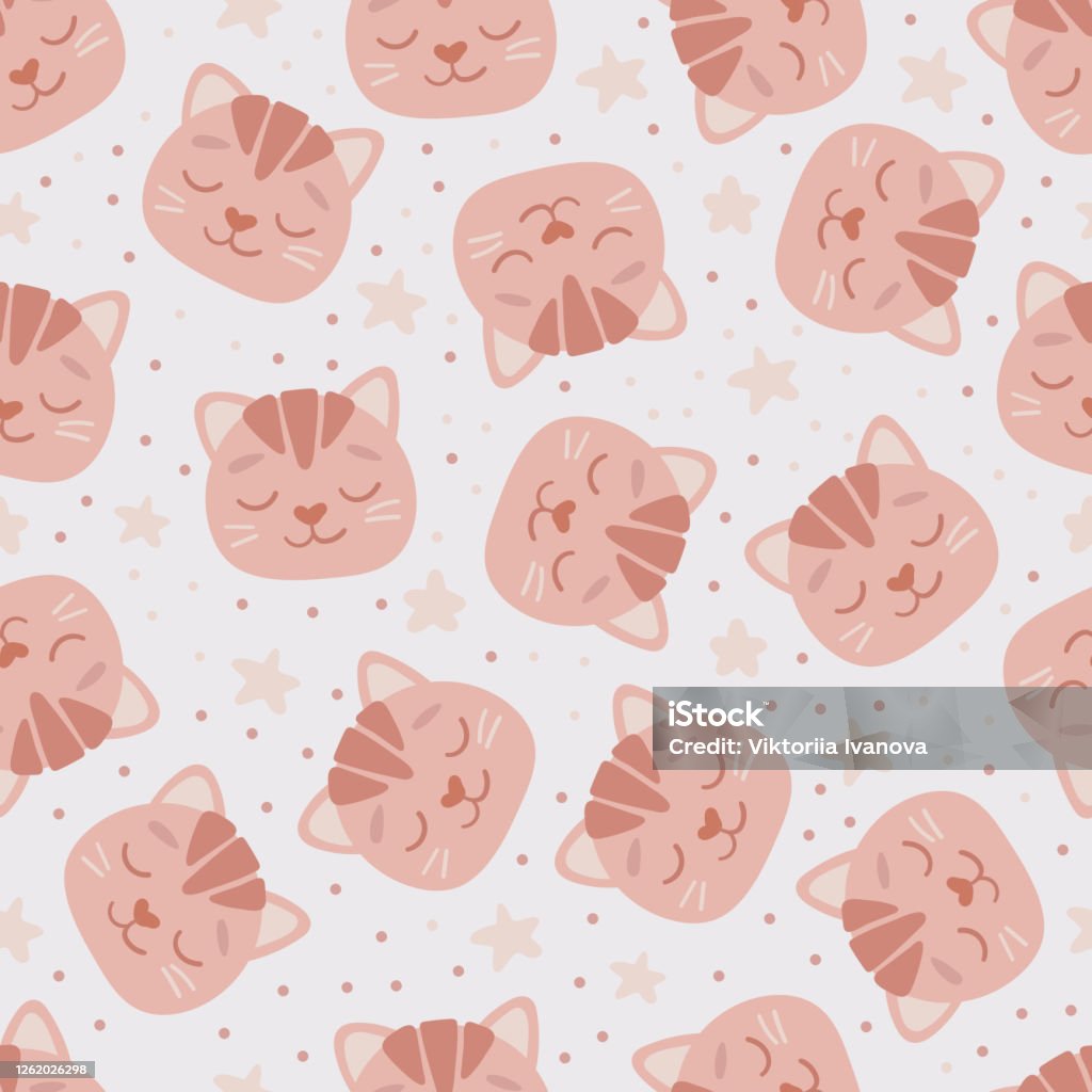 Seamless Pattern With Orange Cat Head Face With Closed Eyes Cute Cartoon  Funny Character On Greybackground Stock Illustration - Download Image Now -  iStock