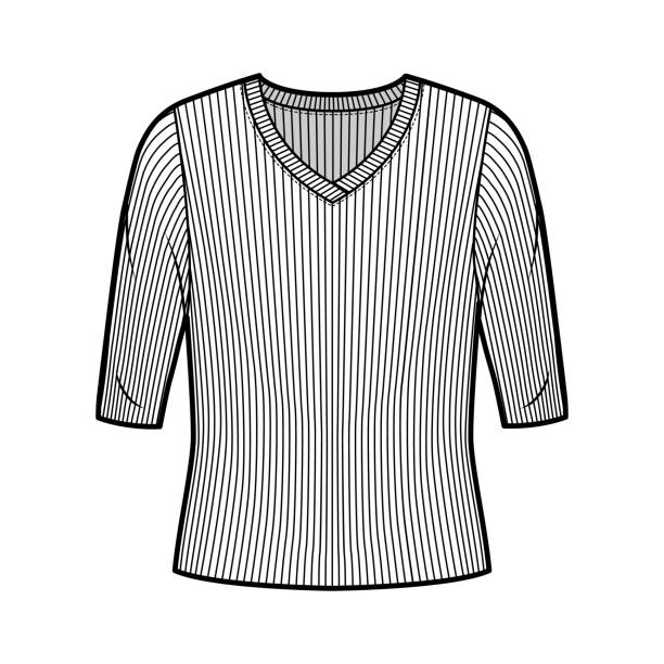 istock Ribbed V-neck knit sweater technical fashion illustration with elbow sleeves, oversized body 1262036907