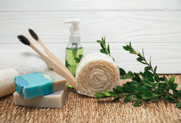 istock Eco-friendly bamboo toothbrushes, natural handmade organic soap, luffa 1262042352