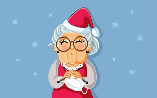 Mary Claus Knitting Face Mask for Santa During Health Crisis Safe holidays during pandemic outbreak health crisis mrs claus stock illustrations