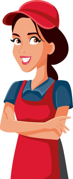 ilustraciones, imágenes clip art, dibujos animados e iconos de stock de mujer empleado de supermercado de ventas de pie con las armas cruzadas - shopping supermarket department store women