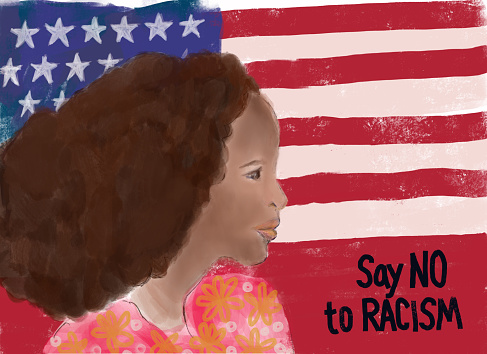 Painting of a young woman against USA flag with the words Say No to Racism.