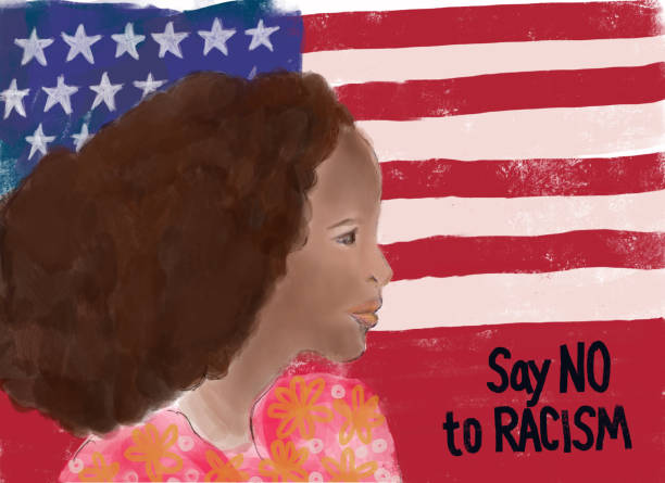 No to Racism - woman with protest message and American flag Painting of a young woman against USA flag with the words Say No to Racism. civil rights stock illustrations
