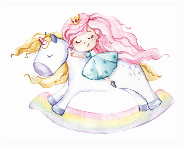 милая маленькая принцесса на лошадиной игрушка. акварель. - horse child pony little girls stock illustrations