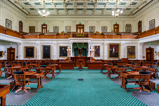 Austin, Texas USA - April 9, 2016: The beautiful interior of the Texas Senate office located in the historic Capitol building completed in 1888 in the downtown district.