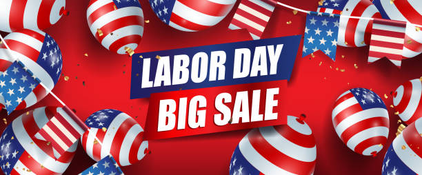 ilustrações de stock, clip art, desenhos animados e ícones de labor day sale promotion advertising banner template decor with american flag balloons and american flags garlands decor. - government flag american culture technology