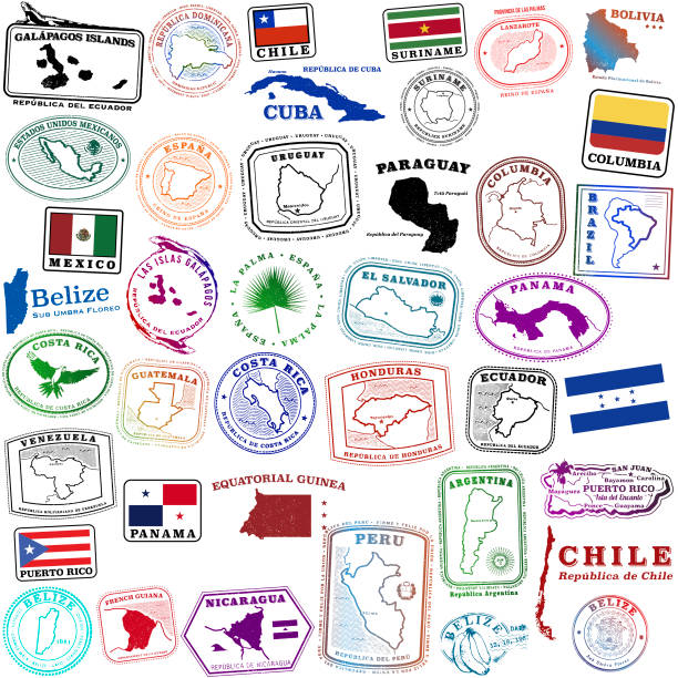tropikalne hiszpańskie znaczki podróżne i kilka innych - mexico argentina stock illustrations