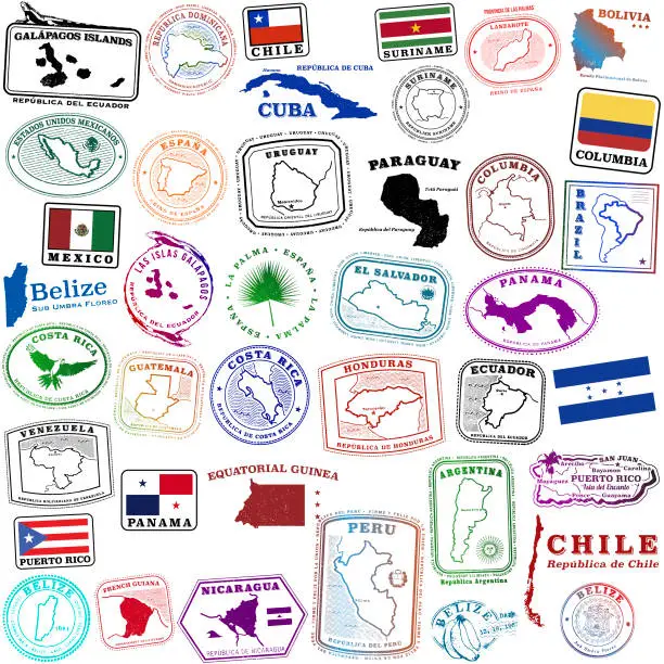Vector illustration of Tropical Spanish speaking travel stamps and a few others