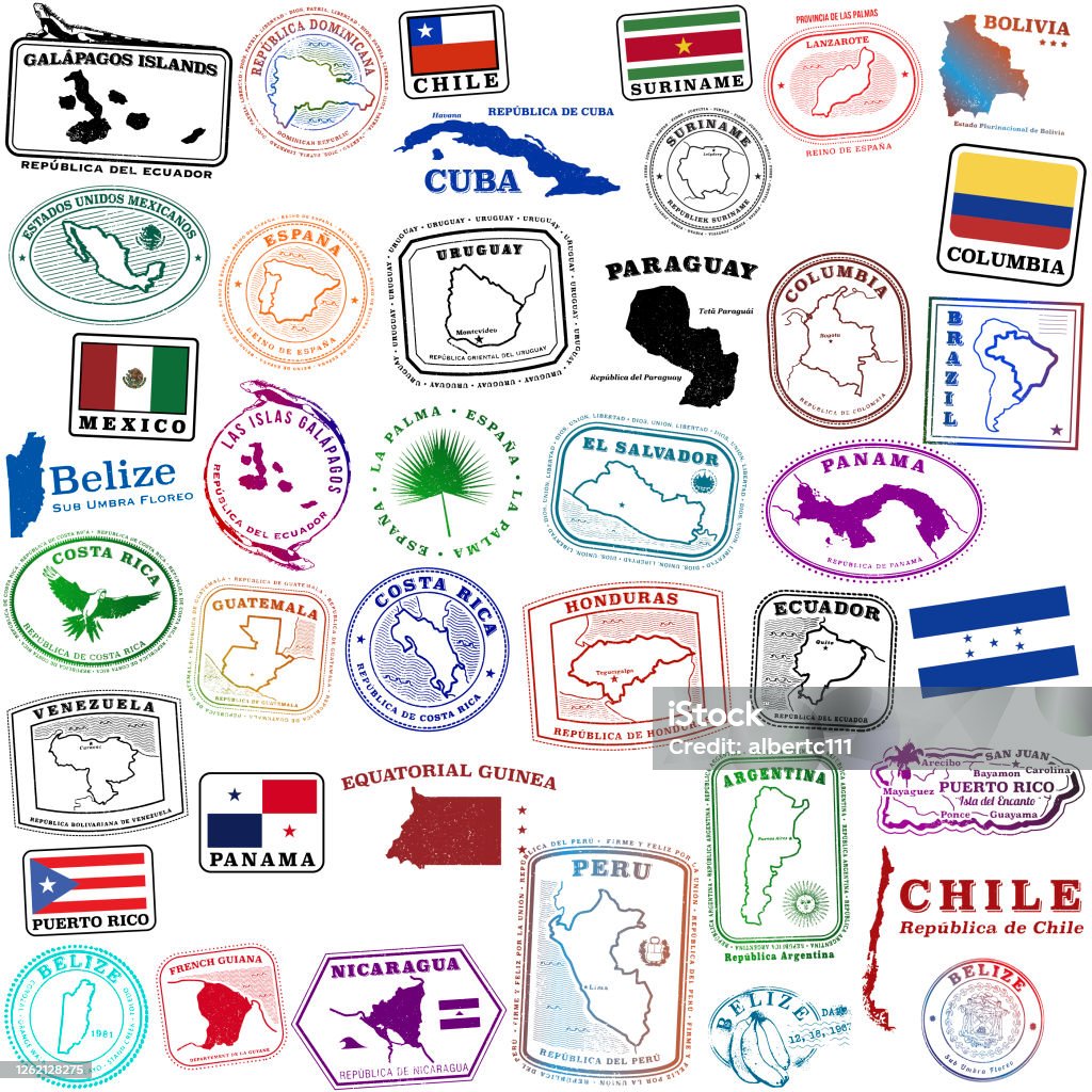 熱帶西班牙語旅遊郵票和其他一些。 - 免版稅哥斯達黎加圖庫向量圖形