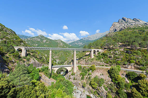 Large railway bridge and viaduct in Corsica, France Railway bridge and viaduct near Vivario, Corsica, France. Wide-angle lens was used. vivario photos stock pictures, royalty-free photos & images