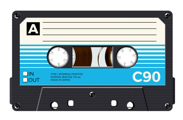 Cassette with retro label as vintage object for 80s revival mix tape design. Vector illustration Cassette with retro label as vintage object for 80s revival mix tape design, party poster or cover. Realistic vector sign or icon. Vector illustration mixtape stock illustrations