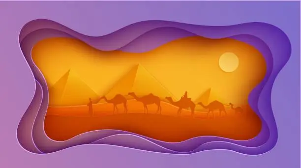 Vector illustration of Traditional caravan walking throw egyptian desert in papercut style. Cutout wavy craft frame with panorama pyramid wildlife. Vector abstract paper cut sunset with riding camel people. Wild life desert