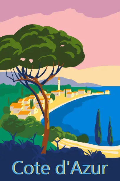 Vector illustration of Cote d'Azur of France Travel poster retro old city Mediterranean sea vacation Europe. Holiday summer voyage seaside sunset. Vintage style vector illustration