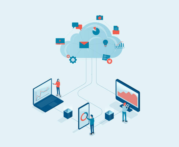 ilustraciones, imágenes clip art, dibujos animados e iconos de stock de concepto de servicio de servidor de computación en la nube de tecnología de negocio de vector plano con concepto de trabajo del equipo de desarrolladores - construction frame technology cube built structure