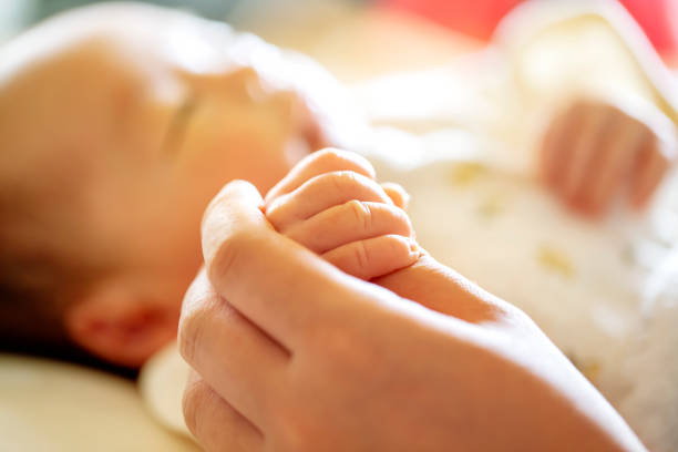 holding hands. hand the newborn baby in the hand of parent. - baby lying down sleeping asian ethnicity imagens e fotografias de stock