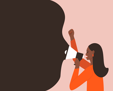African American woman makes an announcement in a megaphone. The concept of protest. Horizontal banner with place for text.  Vector illustration flat.