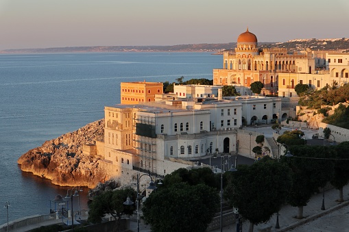 Santa Cesarea Terme, Puglia, Italy - June 29, 2020: Panoramic view of the seafront of Via Roma from the hotel in the center
