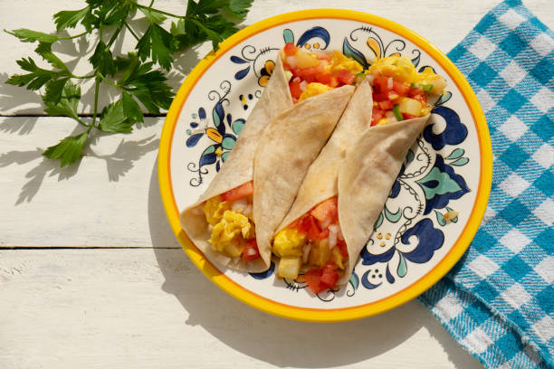 istock Egg breakfast burrito with fresh sauce on white background 1262167982