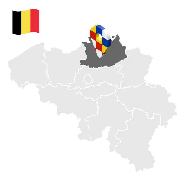 Vector illustration of Location of Antwerpen  on map Belgium. 3d location sign similar to the flag of Antwerpen. Quality map  with  provinces of  Belgium for your design. EPS10.