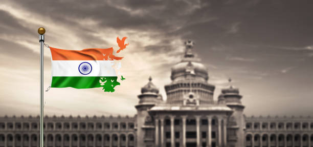 india waving flag  at vidhana soudha - bangalore india parliament building vidhana soudha imagens e fotografias de stock