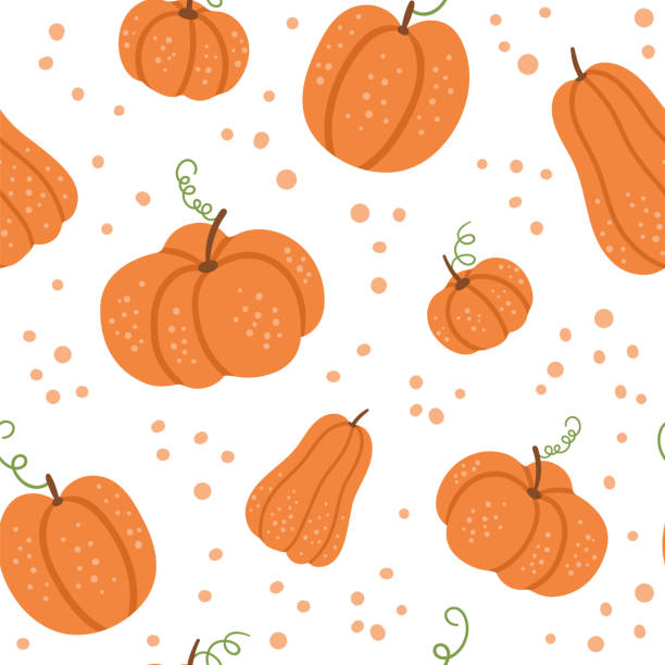 wektorowy bezszwowy wzór z ładnymi dyniami. jesienny papier cyfrowy warzyw. płaska pomarańczowa ozdoba do squasha. zabawna tekstura warzywna na białym tle - 2999 stock illustrations