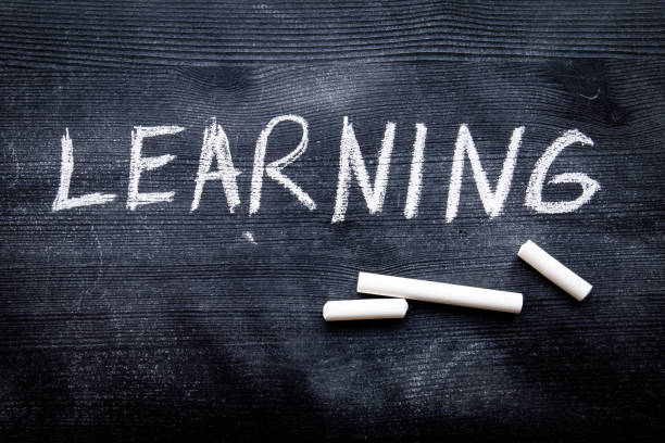 istock LEARNING. Education, skills and development concept. Black painted wood and inscription with chalk 1262186232