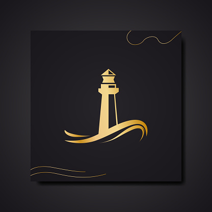 Vector sign lighthouse. Luxury greeting card. Invitation template, gold on black background