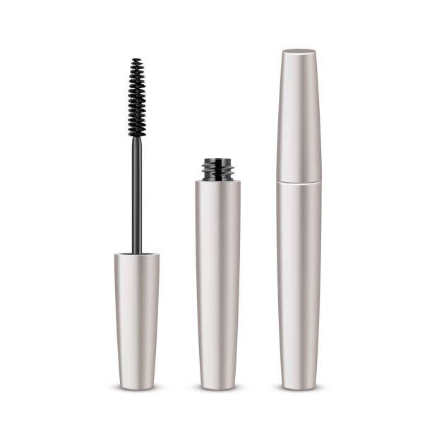 Opened Closed Mascara on White Background Vector Opened Closed Black Realistic Mascara in White Shiny Tube Isolated on White Background eyeliner brush stock illustrations