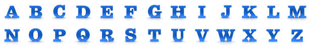 lettere alfabetiche cartelli di testo blu 3d a b c d e f g h i j k l m n o p q r s t u v w x y z rendering - letter h letter a letter t letter e foto e immagini stock