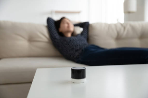 istock Modern mobile wireless speaker on table in living room 1262199873