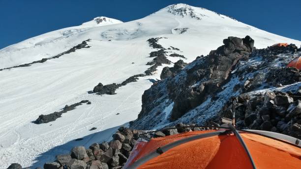 Tent camp at the top of Elbrus Kavkaz base camp stock pictures, royalty-free photos & images