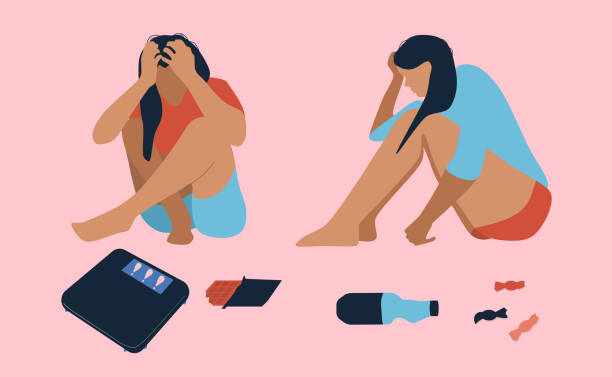 булимия, крайняя концепция переедания. молодые депрессивные женщины, сидящие на полу, сжимающие голову. отчаяние, эмоциональное расстройст - bulimia stock illustrations