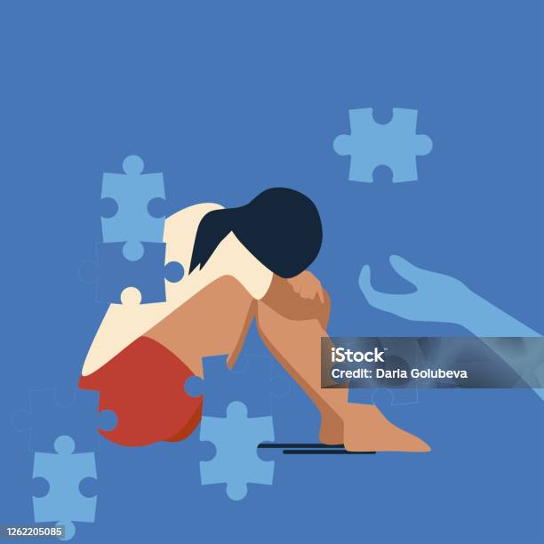 Psychotherapy Support Concept Young Woman Sits On The Floor She Falls Apart Into Separate Puzzles Person Is Tired Needs Helpcure From Stress Stock Illustration - Download Image Now