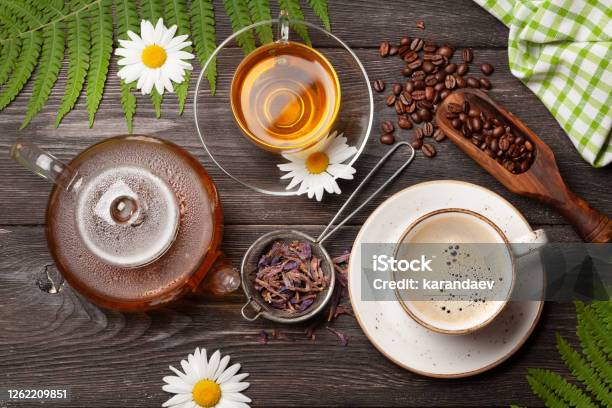 Herbal Tea And Espresso Coffee Stock Photo - Download Image Now - Tea Crop, Tea - Hot Drink, Dried Tea Leaves