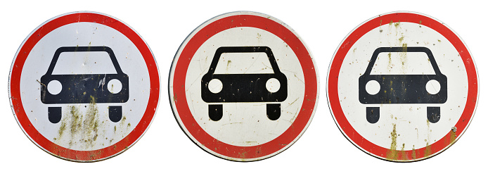 Old  and dirty Forbidden car signs on white background. No vehicles allowed sign. Prohibited car icon