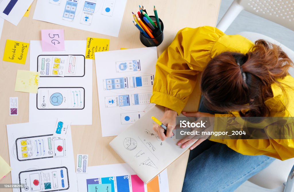 Website designer, Creative planning phone app development sketch template layout framework wireframe design, User experience concept, Overhead view of young woman UX designer thinking out web structure at home office User Experience Stock Photo