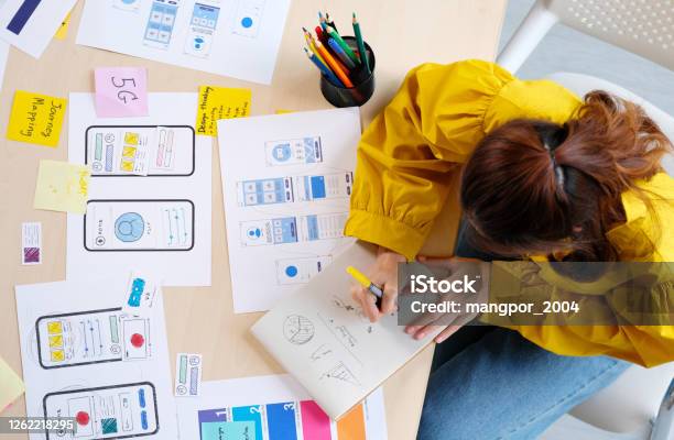 Website Designer Creative Planning Phone App Development Sketch Template Layout Framework Wireframe Design User Experience Concept Overhead View Of Young Woman Ux Designer Thinking Out Web Structure At Home Office Stock Photo - Download Image Now