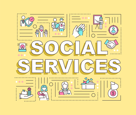 Social services word concepts banner. Non profit assistance for public community. Infographics with linear icons on yellow background. Isolated typography. Vector outline RGB color illustration