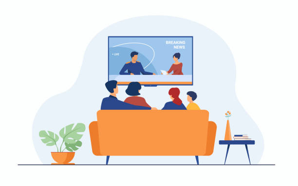 Breaking news concept Breaking news concept. Back view of family couple and children sitting on sofa in living room, watching TV news with host interviewing guest. For television, broadcasting, media production concepts television industry illustrations stock illustrations