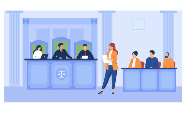Attorney pleading in court Attorney pleading in court. Lawyer woman speaking in courtroom, reading from notes, addressing judge and jury box. Vector illustration for courthouse, trial, law, judgment, justice concept judgement illustrations stock illustrations