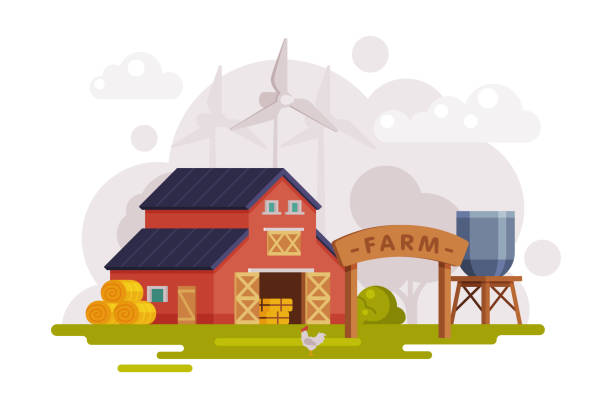 Farm Scene with Red Barn House, Wind Turbine and Water Tower, Summer Rural Landscape, Agriculture and Farming Concept Cartoon Vector Illustration Farm Scene with Red Barn House, Wind Turbine and Water Tower, Summer Rural Landscape, Agriculture and Farming Concept Cartoon Vector Illustration Isolated on White Background. red barn house stock illustrations
