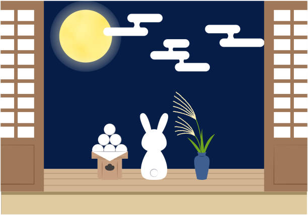 ベランダで満月を見るウサギのイラスト - 月見点のイラスト素材／クリップアート素材／マンガ素材／アイコン素材
