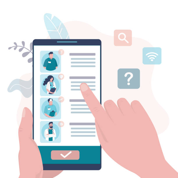 istock Phone screen with chosen therapist. Choosing specialist by smartphone. Doctors team portraits. Concept of medical services and healthcare 1262249283