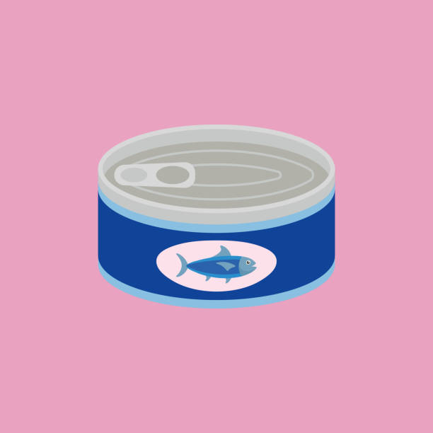 플랫 스타일의 통조림 참치 - can packaging tuna food stock illustrations