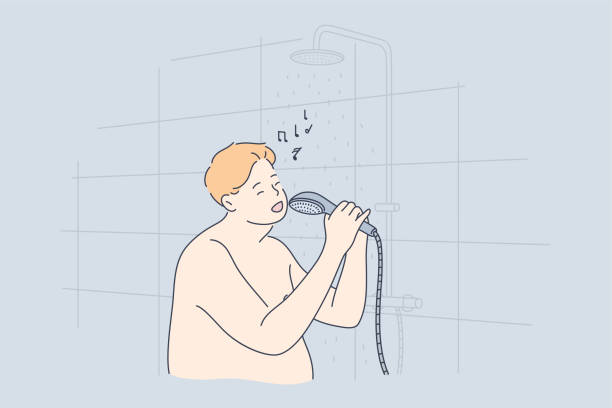 퍼포먼스, 재미, 노래, 샤워, 비만 개념 - men naked shower bathroom stock illustrations