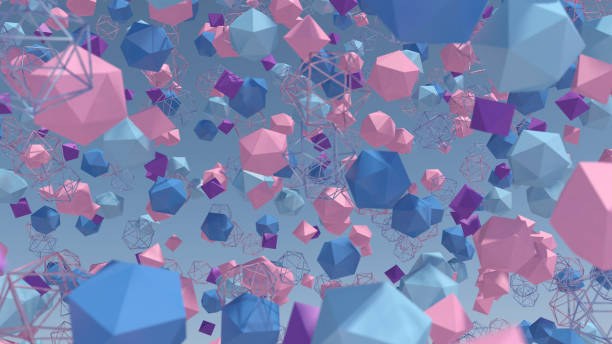 istock Pink, blue, purple polyhedrons. Blue background. Abstract illustration, 3d render. 1262259038