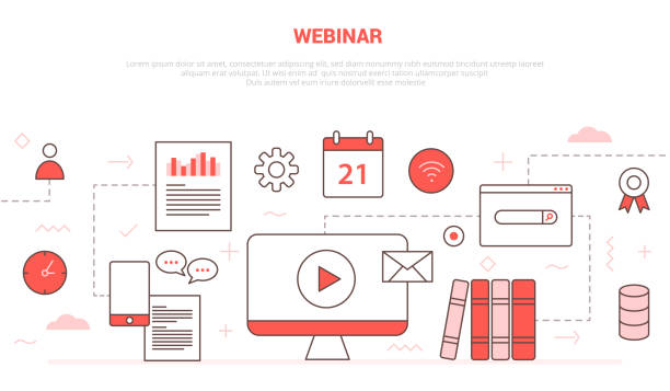 ilustrações de stock, clip art, desenhos animados e ícones de webinar concept with icon set collection like computer video play chat calendar book network certificate campaign for website homepage template landing page banner with outline style - youtube video web page internet