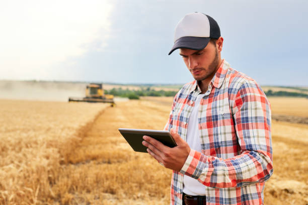 istock Precision farming. Farmer holding tablet for combine harvester guidance and control with modern automation system. Agronomist using online data management software generating yield maps at wheat field 1262259504