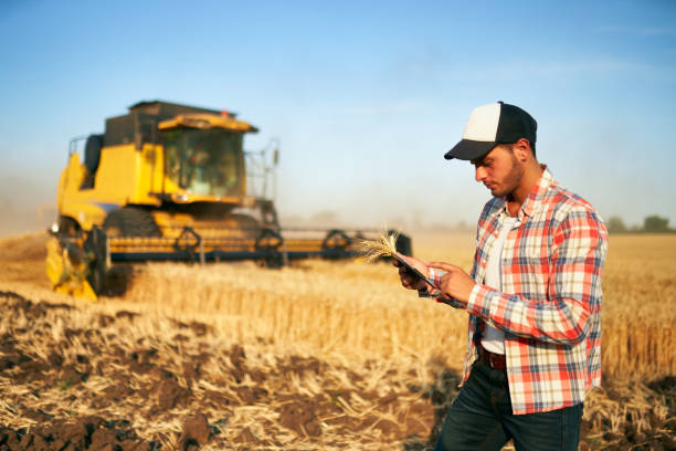 istock Precision farming. Farmer holding tablet for combine harvester guidance and control with modern automation system. Agronomist using online data management software generating yield maps at wheat field 1262259543