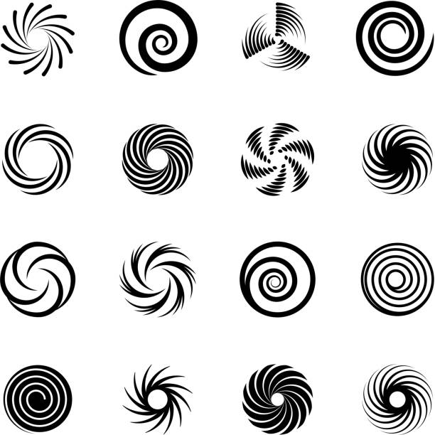 ilustraciones, imágenes clip art, dibujos animados e iconos de stock de espirales y remolinos. whirlpool y twirl. círculos de torsión de movimiento abstracto iconos vectoriales aislados - scroll shape ornate swirl striped